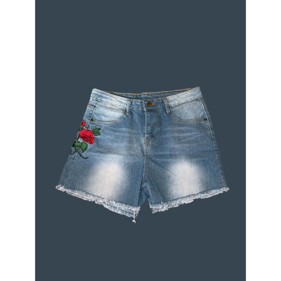 Zaful Womens Denim Shorts W/ Rose Embroidery Frayed Hem Size 4 Light Wash Cotton - Picture 7 of 11